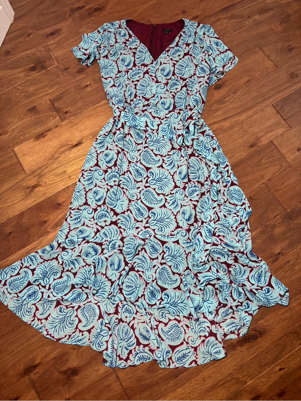 J Crew AR619 V-Neck Flutter Hem Summer Dress Aqua Blue/Maroon Paisley Size18Tall